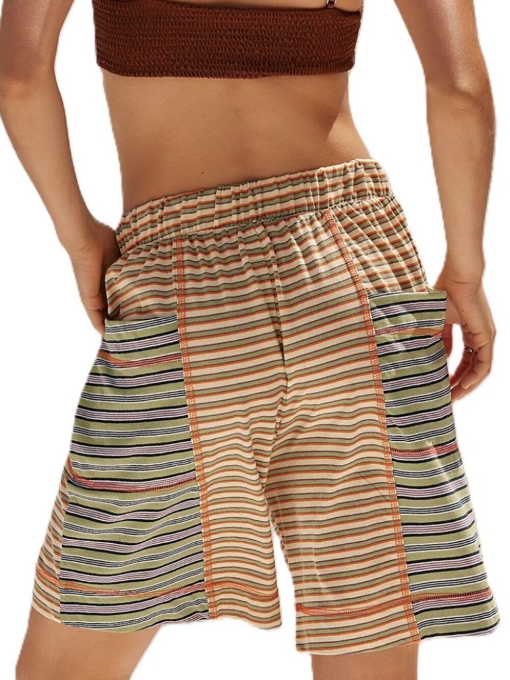 Free People Dash Patchwork Shorts M Stripe Wide Leg Stretch Hippy Green Free-est
